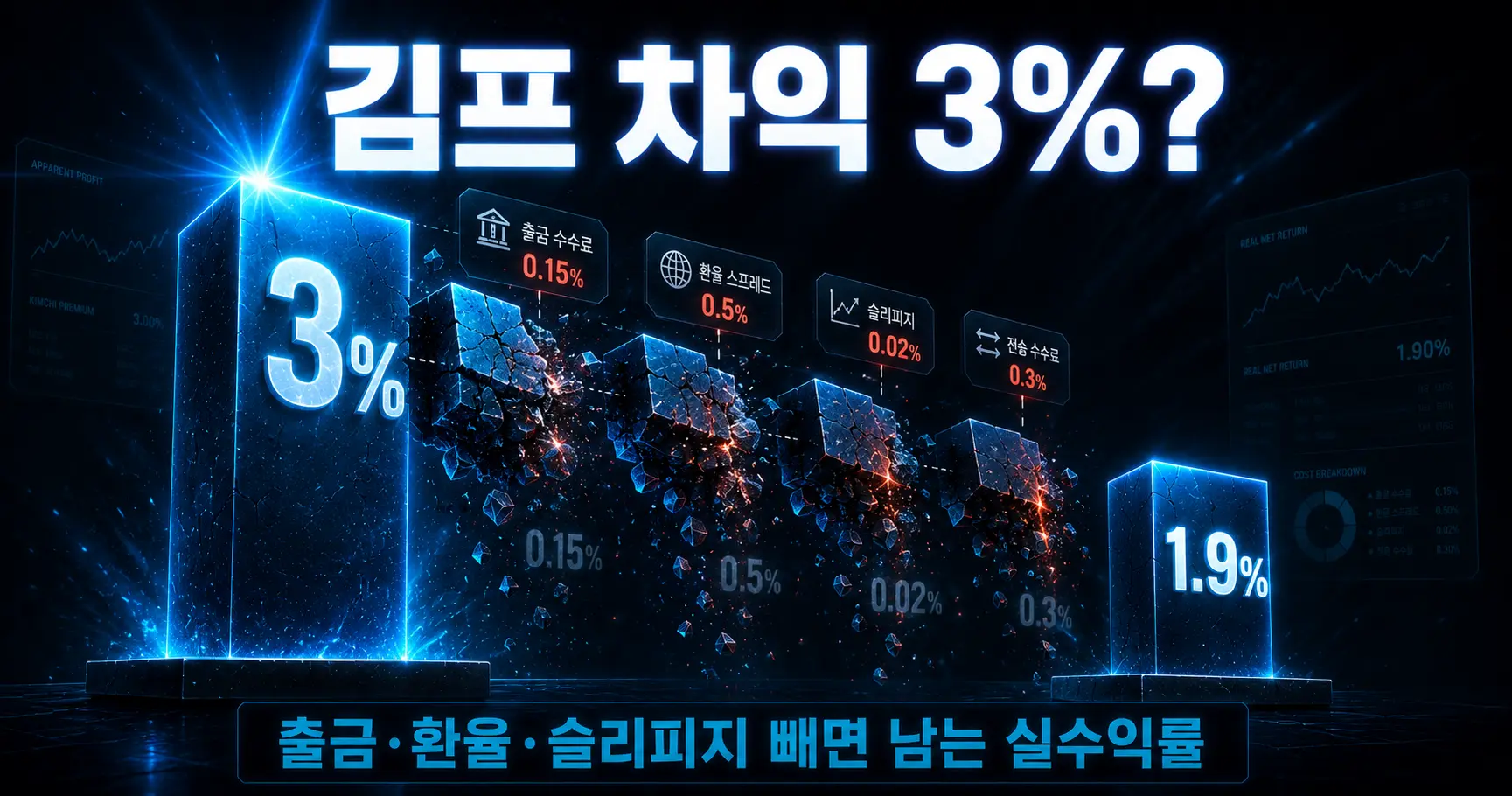 김프 차익 3퍼센트 블록이 수수료 슬리피지 출금비 환율 비용으로 단계별 균열 붕괴되어 실수익률 1.9퍼센트 블록만 남는 시각화